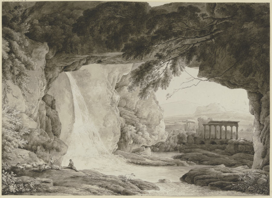 Blick aus einer Felsenhöhle auf eine antike Tempelruine od Franz Innocenz Josef Kobell