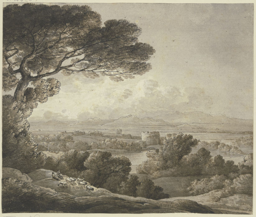 Blick über ein Tal mit mehreren Rundtürmen od Franz Innocenz Josef Kobell