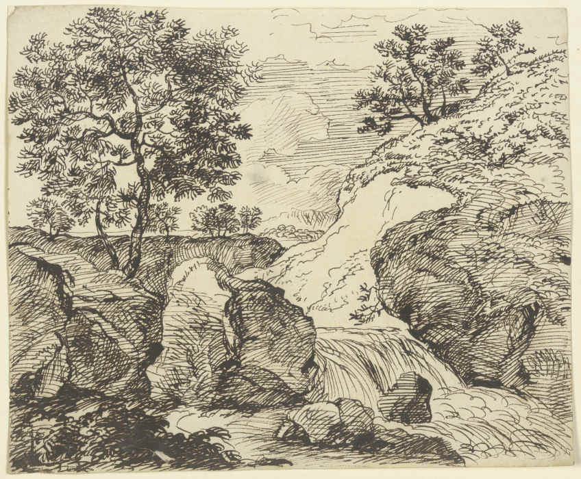 Erdrutsch an grasbewachsenem Hang an einem Fluss mit Wasserfall od Franz Innocenz Josef Kobell