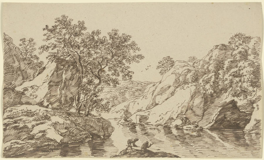 Felsige Flusslandschaft mit zwei Anglern od Franz Innocenz Josef Kobell