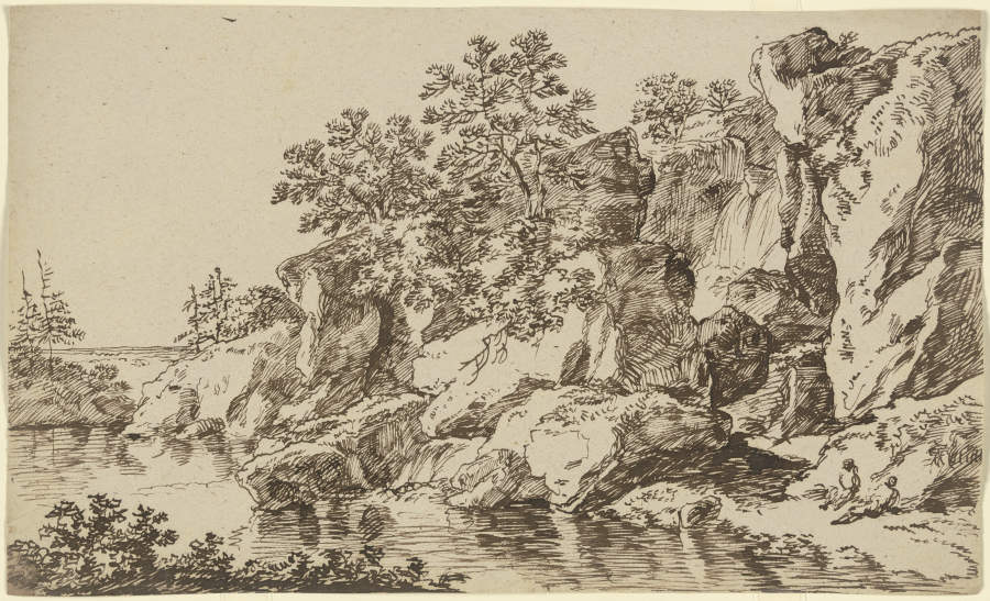 Felsige Uferböschung mit zwei ruhenden Wanderern od Franz Innocenz Josef Kobell