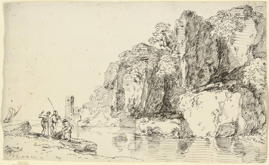 Felsküste mit Leuchtturm, im Vordergrund drei Fischer od Franz Innocenz Josef Kobell