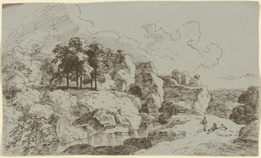 Felslandschaft mit zwei Wanderern an einem Fluss od Franz Innocenz Josef Kobell