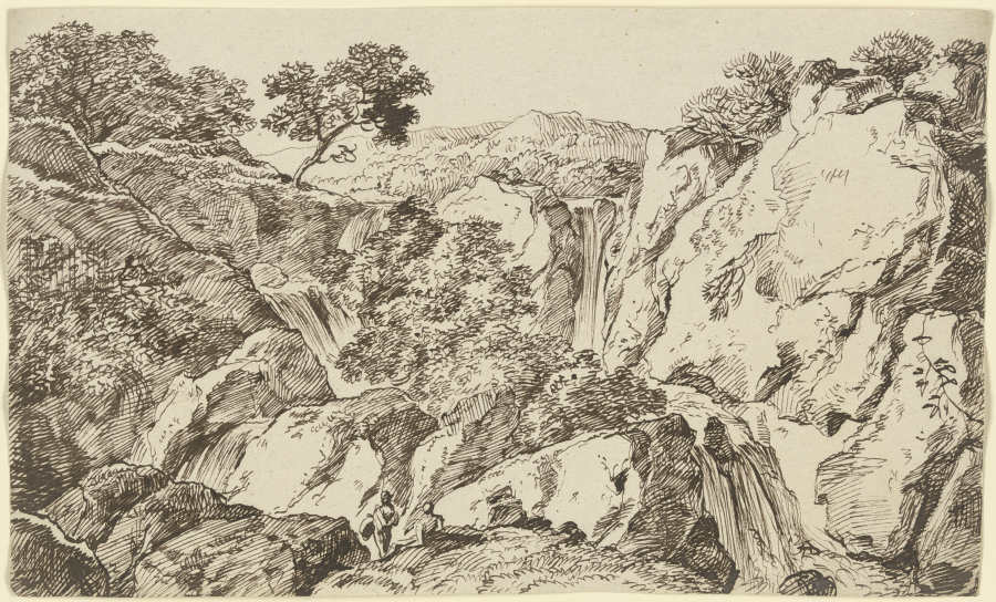 Felsschlucht mit zusammenlaufenden Wasserfällen od Franz Innocenz Josef Kobell