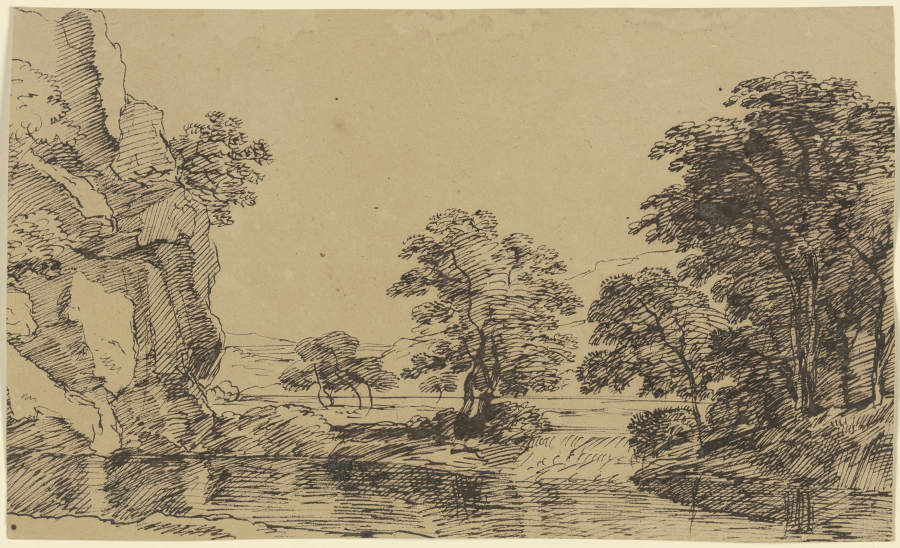 Felswand an einem Gewässer, rechts Ausblick auf Bäume und Berge od Franz Innocenz Josef Kobell