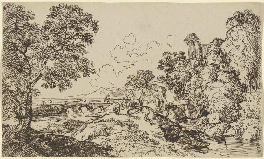 Flusslandschaft mit weidender Herde, im Mittelgrund eine Brücke und die Ruine eines Monopteros od Franz Innocenz Josef Kobell