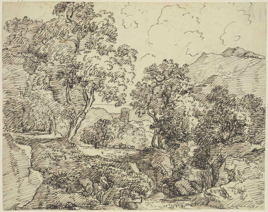 Gebirgslandschaft mit hohen Bäumen und Staffagefiguren od Franz Innocenz Josef Kobell