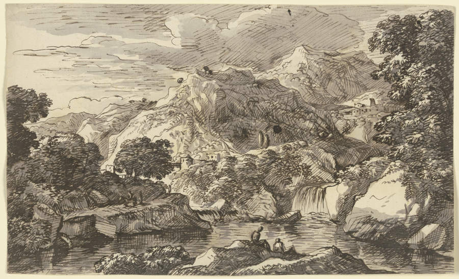 Gewässer am Fuße eines Gebirges, an den Hängen zwei Dörfer od Franz Innocenz Josef Kobell