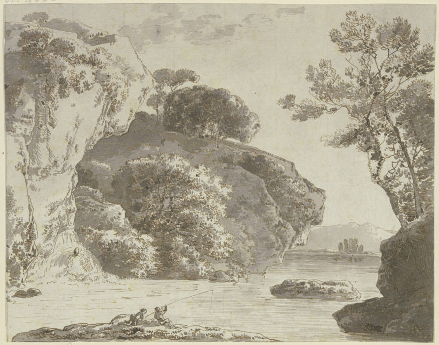Gewässer bei hohen Felsen, im Vordergrund zwei Angler od Franz Innocenz Josef Kobell