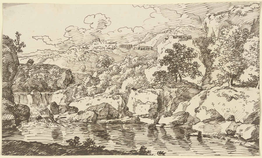 Gewässer, in der Ferne auf einem Berg eine festungsartige Anlage od Franz Innocenz Josef Kobell