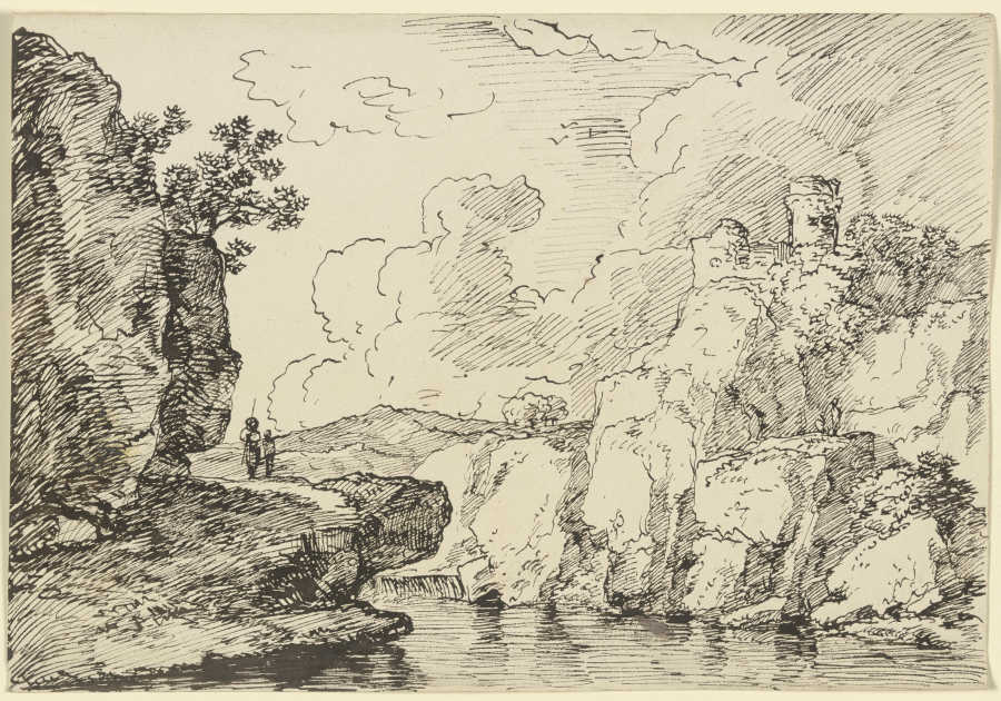 Gewässer, links auf dem Felsvorsprung zwei Wanderer, rechts auf dem Felssporn eine Burgruine od Franz Innocenz Josef Kobell