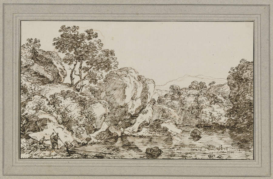 Gewässer, links vier Fischer od Franz Innocenz Josef Kobell