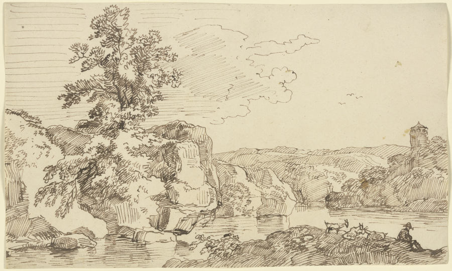 Gewässer mit Felsufer, im Vordergrund ein Hirte mit Ziegen od Franz Innocenz Josef Kobell