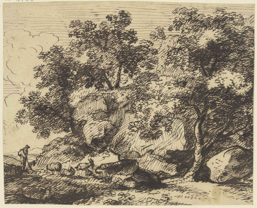 Hirt und Herde in felsiger Landschaft mit Bäumen od Franz Innocenz Josef Kobell