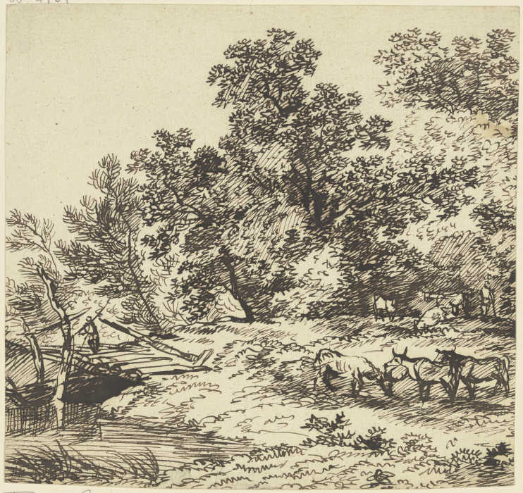 Hirt und Herde unter Bäumen, links eine Brücke od Franz Innocenz Josef Kobell