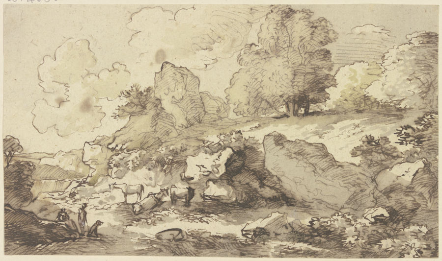 Hirten und Herde in felsiger, baumbestandener Landschaft od Franz Innocenz Josef Kobell