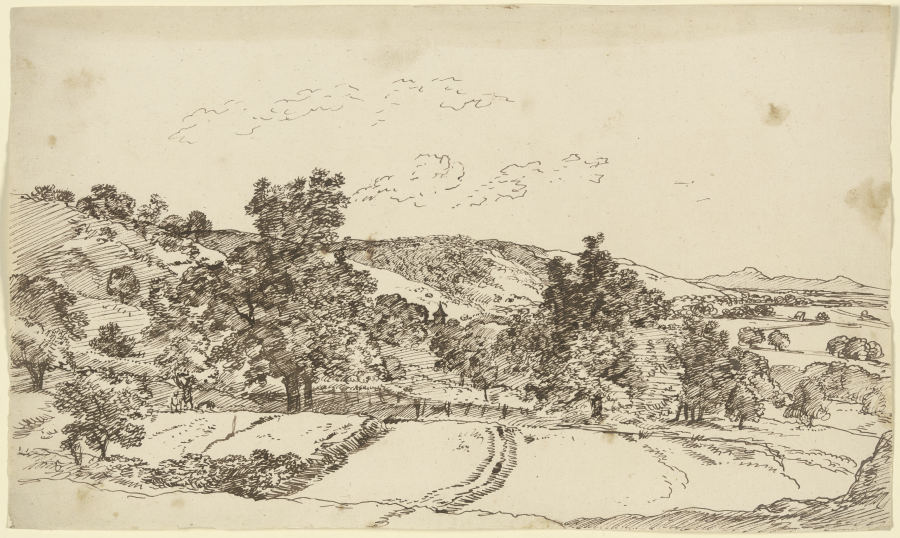 Hügellandschaft mit Feldern und einem von Bäumen verdeckten Dorf od Franz Innocenz Josef Kobell