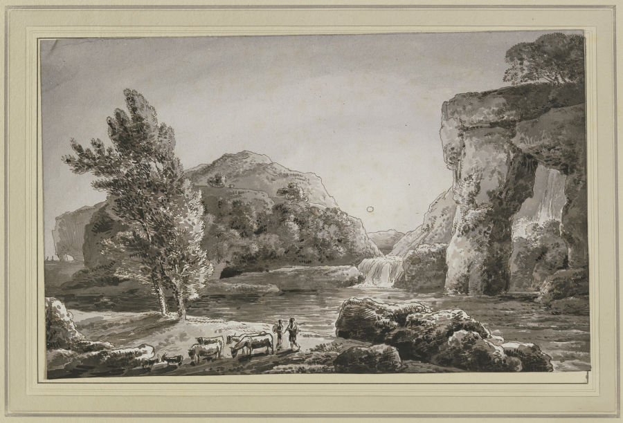 Ideallandschaft mit Wasserfall und einer Viehherde mit zwei Hirten od Franz Innocenz Josef Kobell