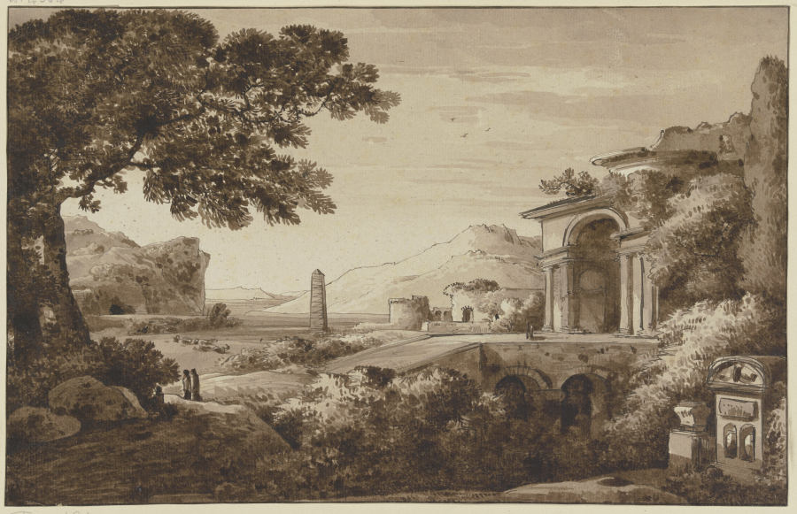 Landschaft mit antiken Bauten und einem Obelisken od Franz Innocenz Josef Kobell