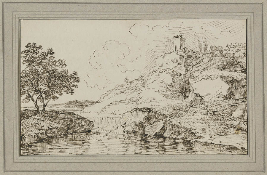 Landschaft mit Wasserfall, rechts auf dem Berg eine Ruine od Franz Innocenz Josef Kobell