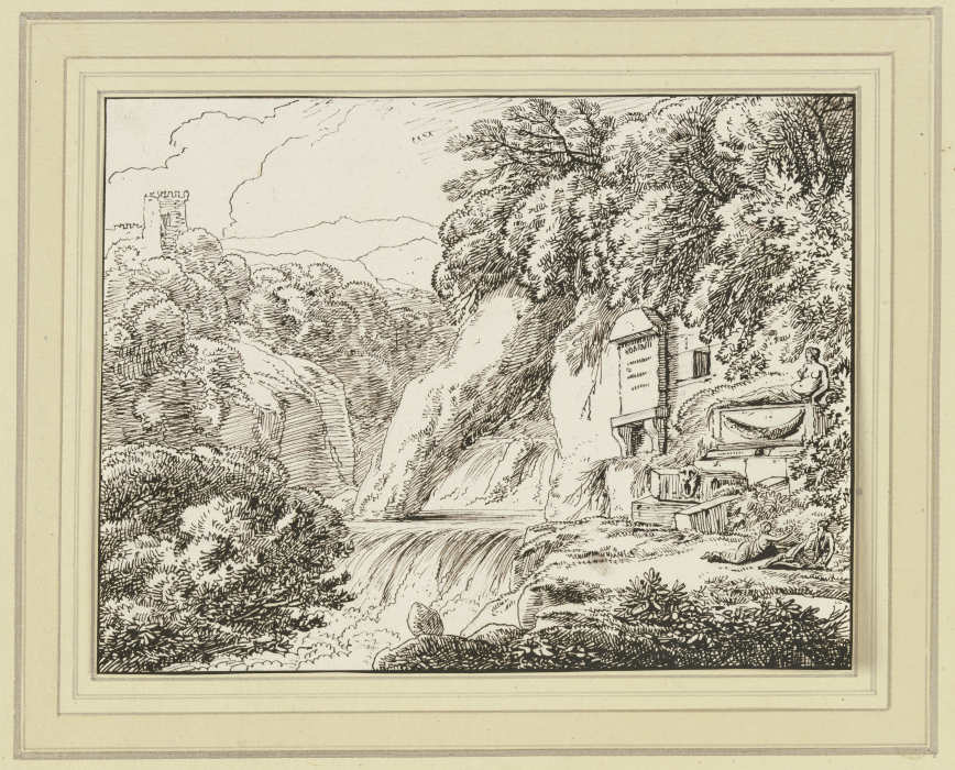 Landschaft mit Wasserfall, rechts ein Epitaph sowie ein Sarkophag od Franz Innocenz Josef Kobell