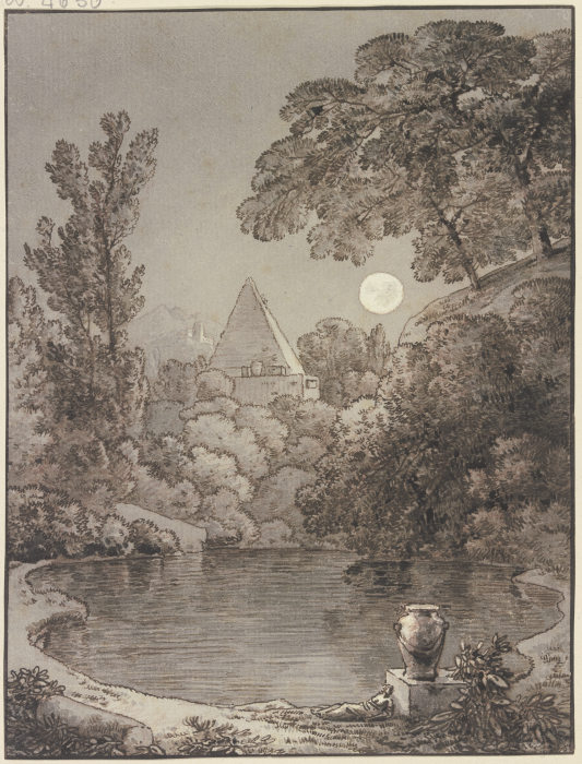 See bei Mondschein, im Hintergrund eine Pyramide od Franz Innocenz Josef Kobell