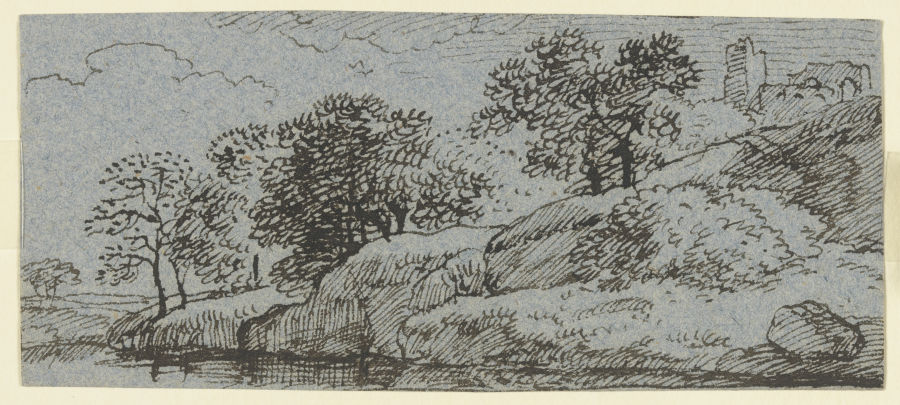 Uferböschung mit Bäumen, im Hintergrund eine Burgruine od Franz Innocenz Josef Kobell