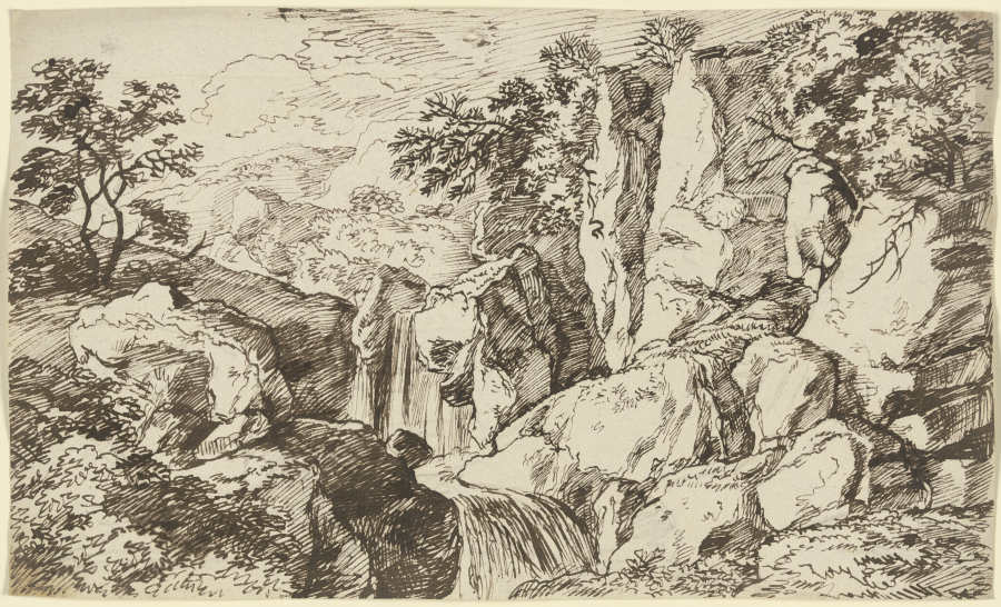 Wasserfall entlang einer Felswand im Gebirge od Franz Innocenz Josef Kobell
