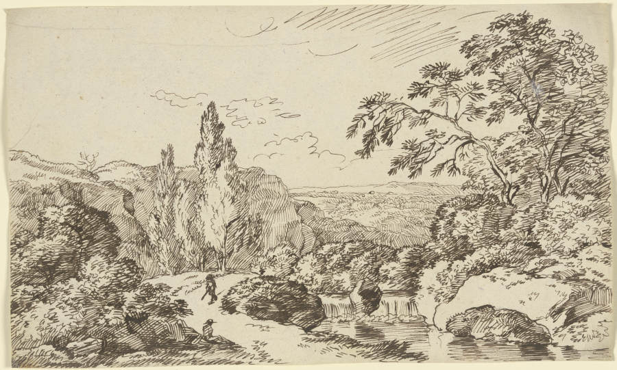 Weg entlang eines Wasserlaufes, im Hintergrund eine waldbestandene Ebene od Franz Innocenz Josef Kobell