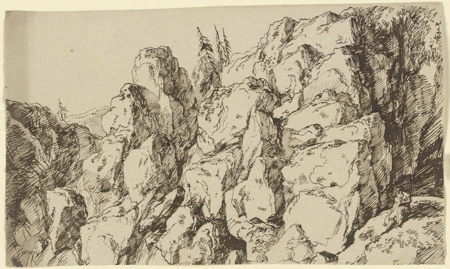 Zerklüftete Felswand, vorne rechts eine am Hang sitzende Gewandfigur od Franz Innocenz Josef Kobell