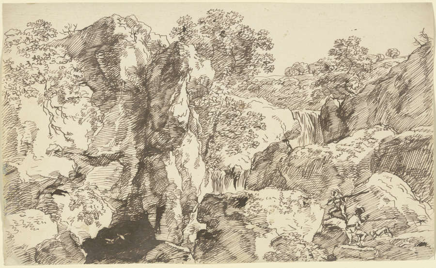 Zwei Jäger mit Hund in einer Felswand stehend od Franz Innocenz Josef Kobell
