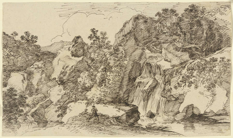 Zwei Wanderer am Wasserfall im Gebirge ruhend od Franz Innocenz Josef Kobell