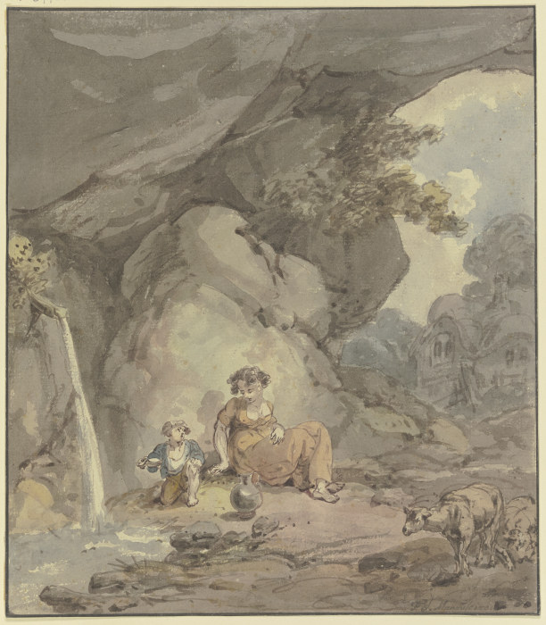 Junge Frau mit ihrem Kind an einer Felsenquelle rastend, rechts zwei Schafe od Franz Joseph Manskirsch