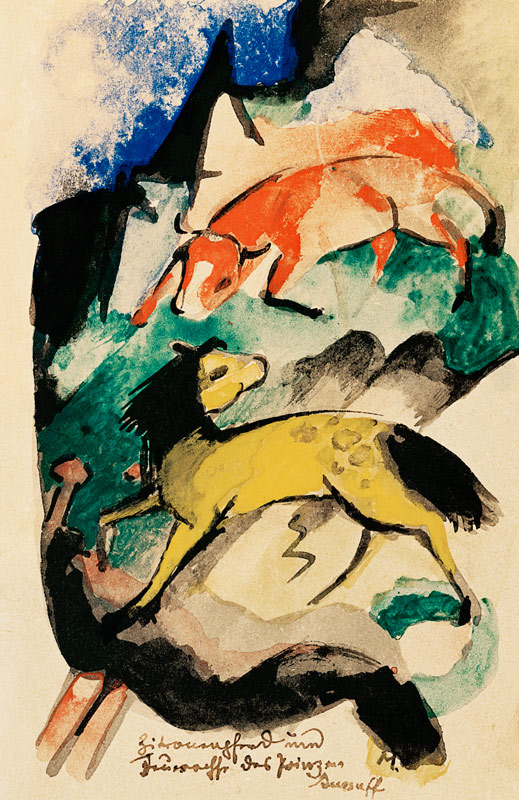 Lemon horse and fire ox of the prince Jussuff (on postcard to Else Lasker pupils) od Franz Marc