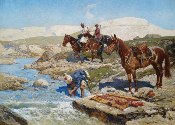 Cherkessian Horseman Crossing the River od Franz Roubaud