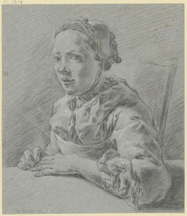 Junges Mädchen im Dreiviertelprofil nach links, an einem Tisch sitzend od Franz Schütz