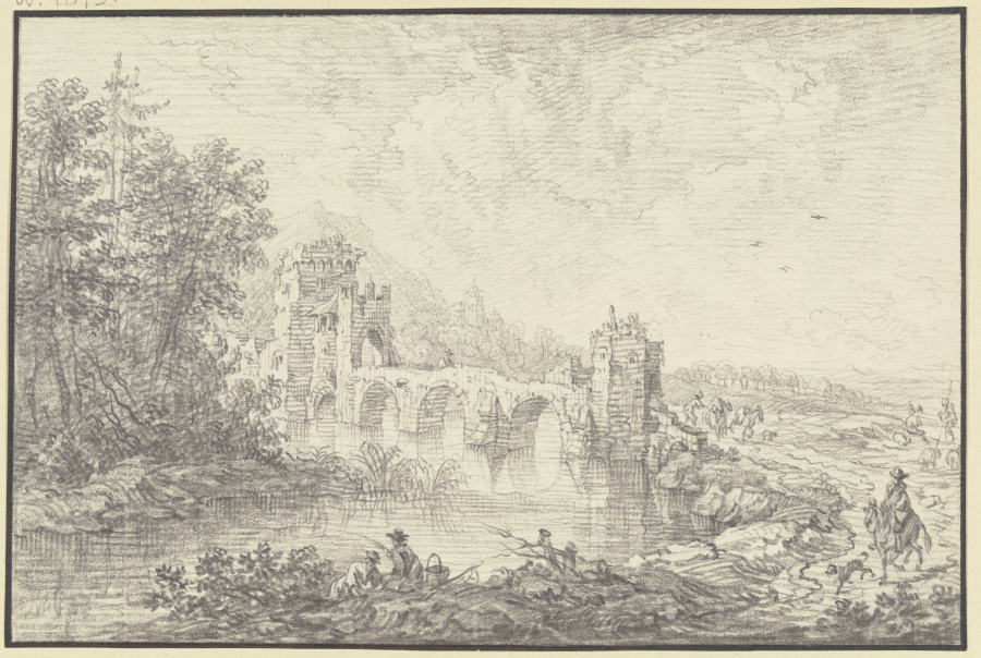 Von Türmen flankierte Brücke, im Vordergrund am Fluß ein Angler und ein Reiter od Franz Schütz