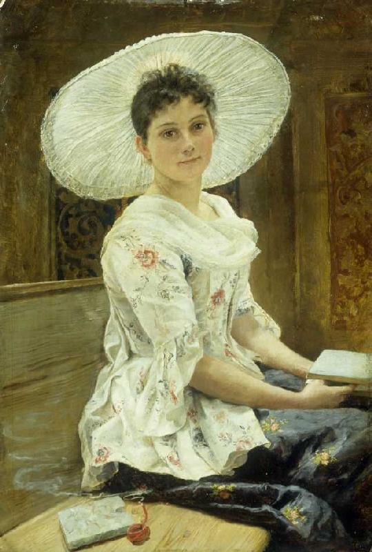 Junge Frau mit weißem Hut. od Franz Simm