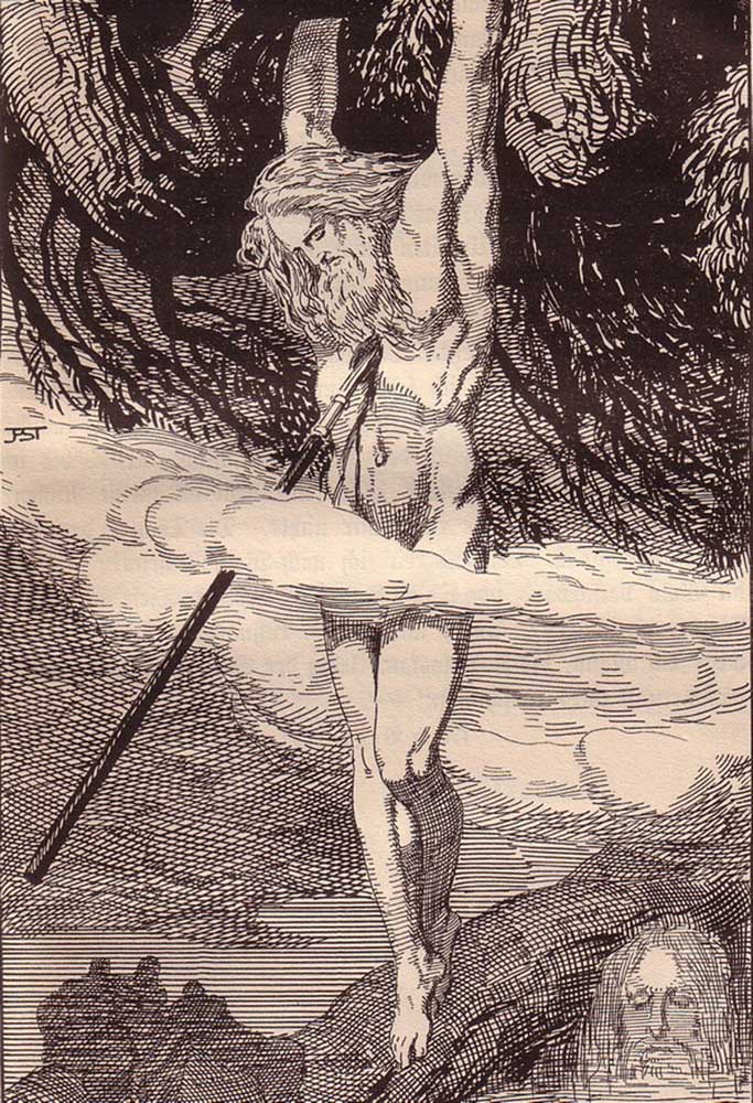 Odin Hanging on the World-Tree. Illustration for "The Edda: Germanic Gods and Heroes" by Hans von Wo od Franz Stassen