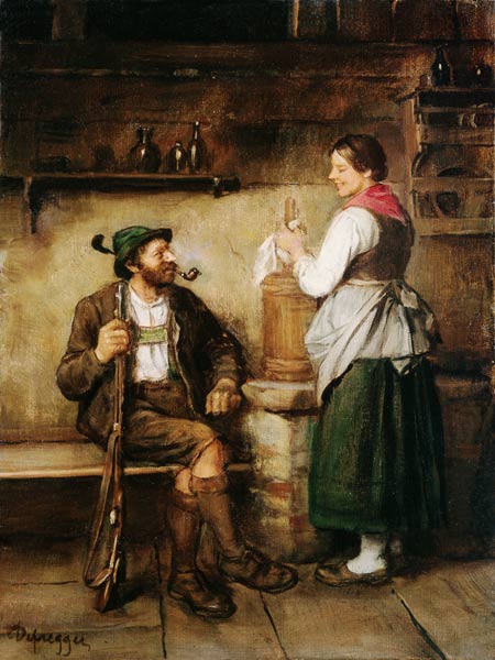 Hunter and maid in the Kuchl at happy Geplauder od Franz von Defregger