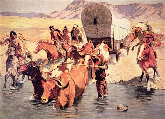 Indians attacking a pioneer wagon train od Frederic Remington