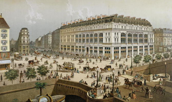 View of 'La Belle Jardiniere' department store and the Pont Neuf, c.1870-80 (colour litho) od Frederic Sorrieu