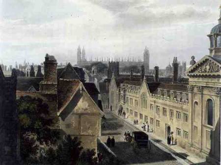 Exterior of Pembroke College, from a window of Peterhouse, Cambridge, from 'The History of Cambridge od Frederick Mackenzie