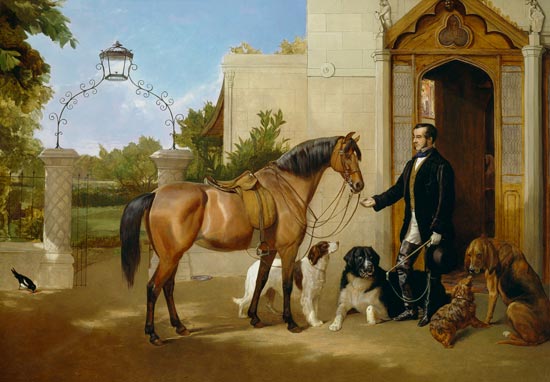 A Gentleman with his Hunter and Dogs outside his house od Frederick W. Keyl