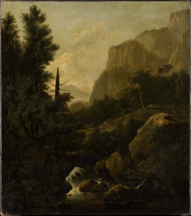 Mountain Landscape with Deer Hunt at a Waterfall od Frederik de Moucheron