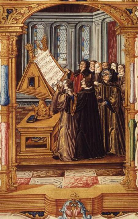 Ms Fr 1537 f.58v Illustration from 'Chants Royaux sur la Conception Couronnee du Puy de Rouan', depi od French School
