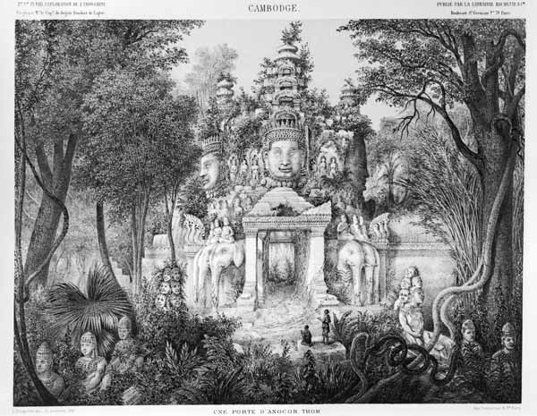 Doorway of Angkor Thom, illustration from 'Atlas du voyage d'exploration en Indochine, 1866-68' by D od French School