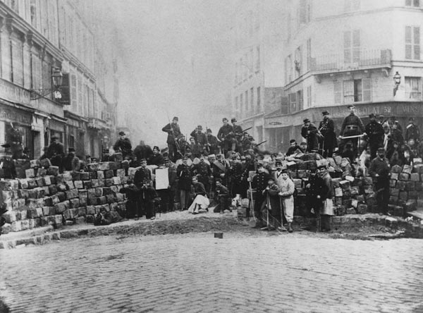 Barricade at the entrance of the Faubourg du Temple, Paris, during the Commune, 18 March 1871 (b/w p od French School