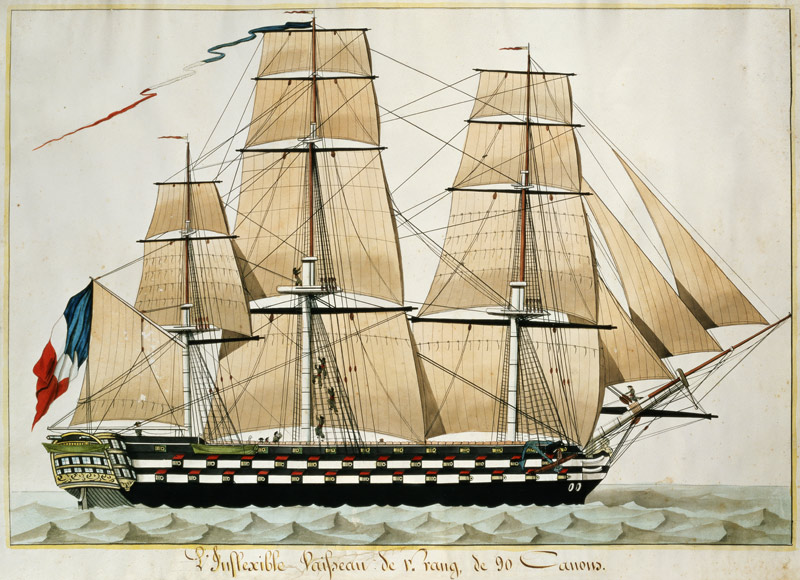 'L'Inflexible Vaisseau de v. Rang de 90 Canons' (The 90 Gun Ship of the Line) c.1835 (w/c with pen & od French School