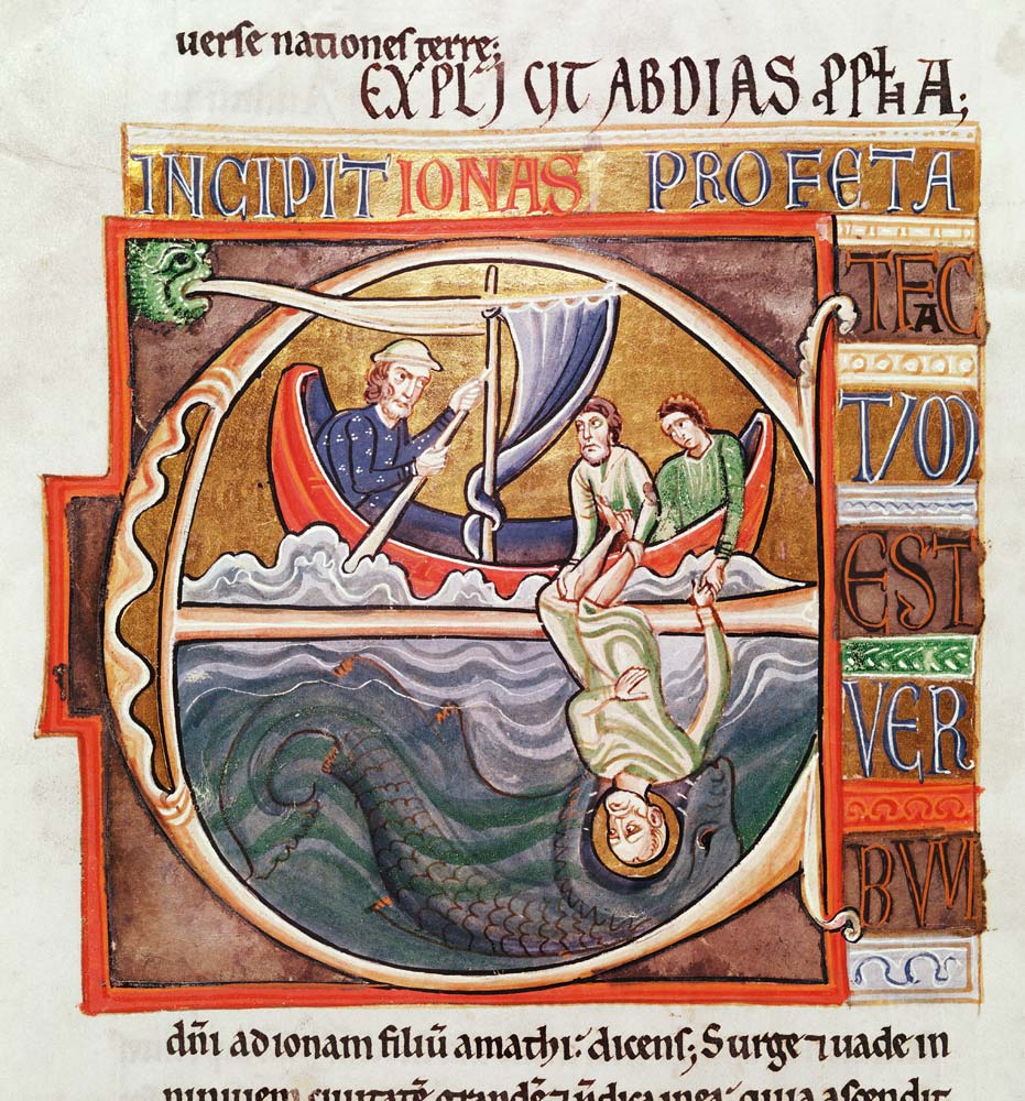 Ms 1 Fol.196v Historiated initial ''E'' depicting Jonah Thrown into the Sea, from the Souvigny Bible od French School